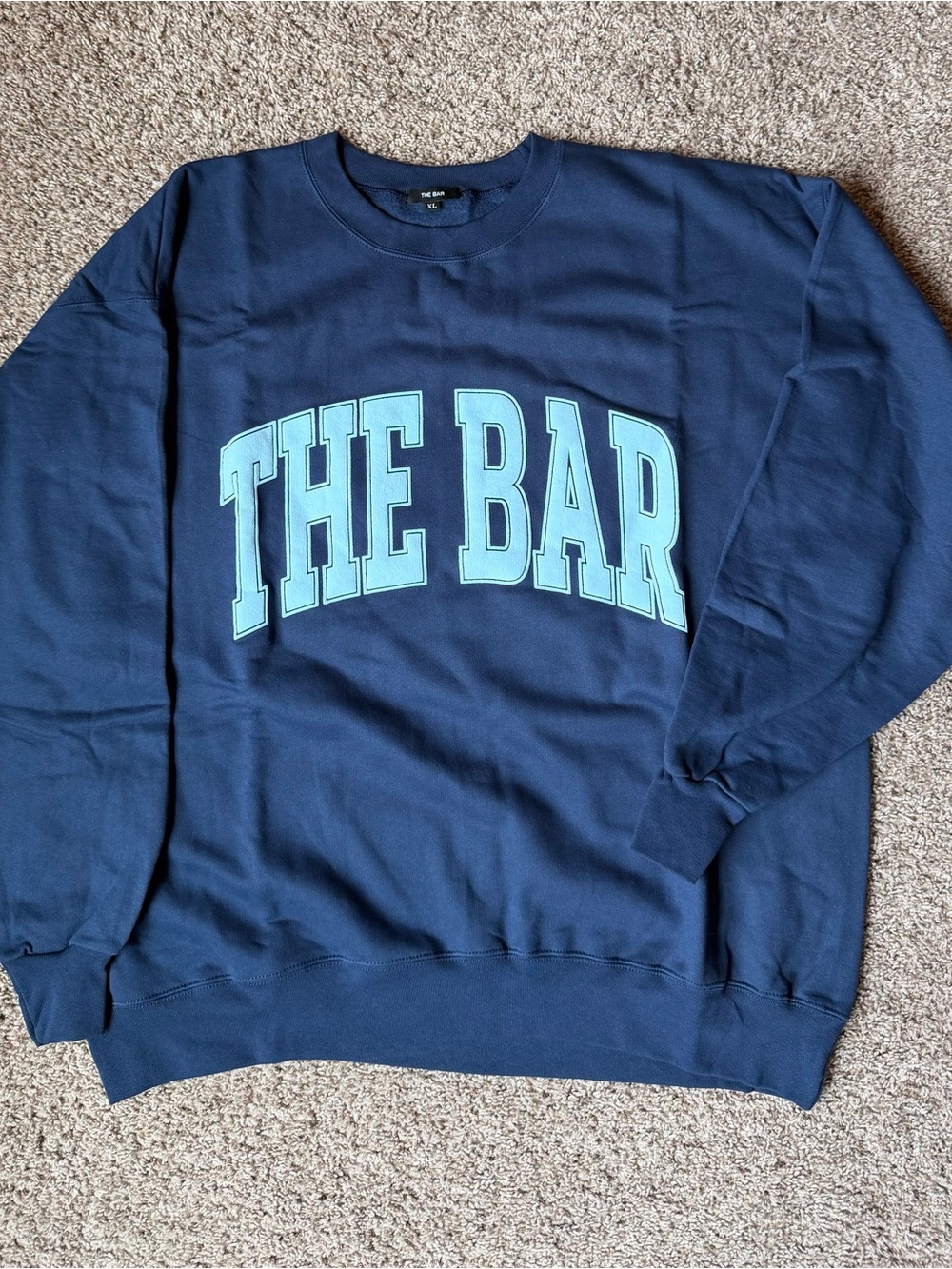 The Bar Navy Crew Sweatshirt with Light Blue Lettering